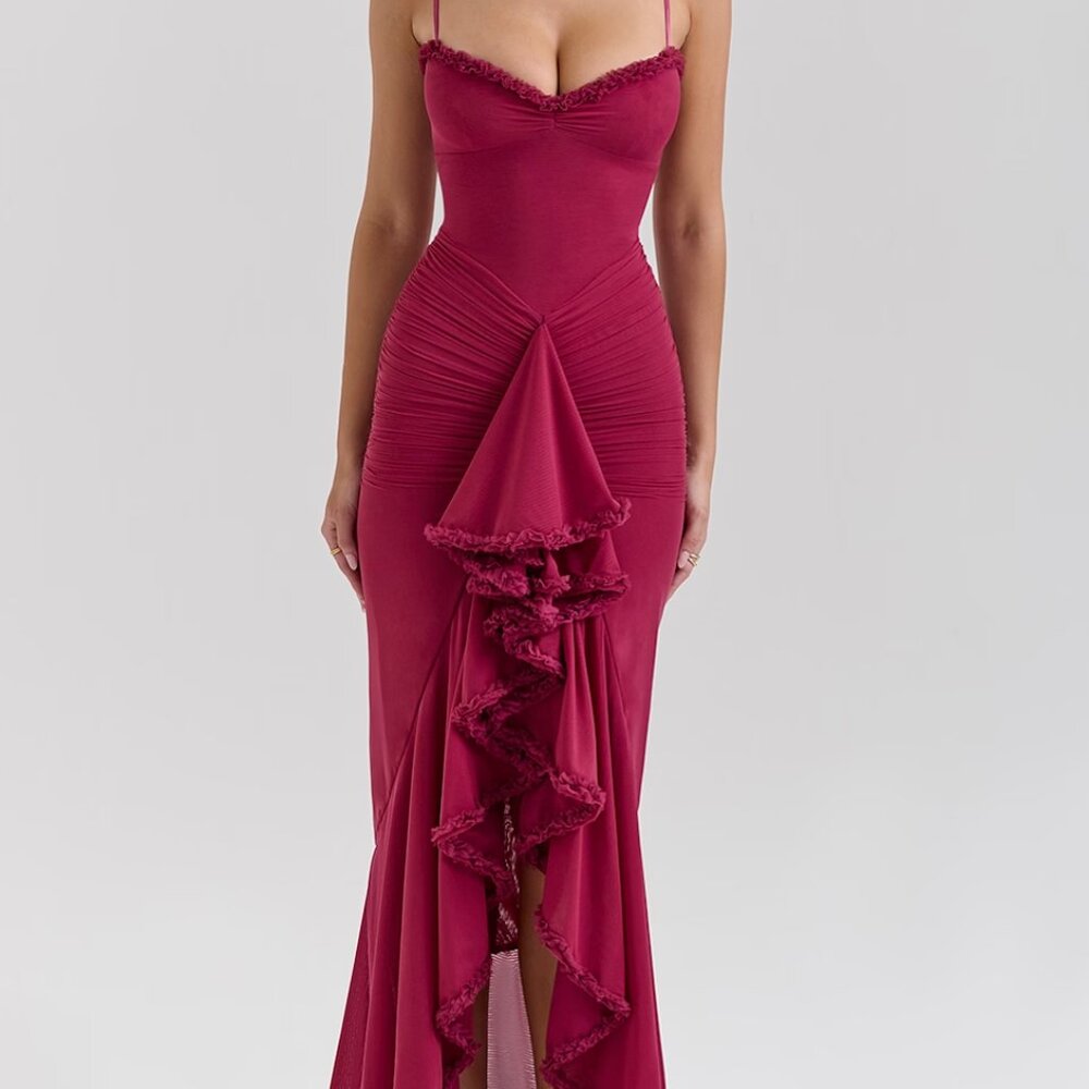 House of CB Gabbi wine ruffled front gown